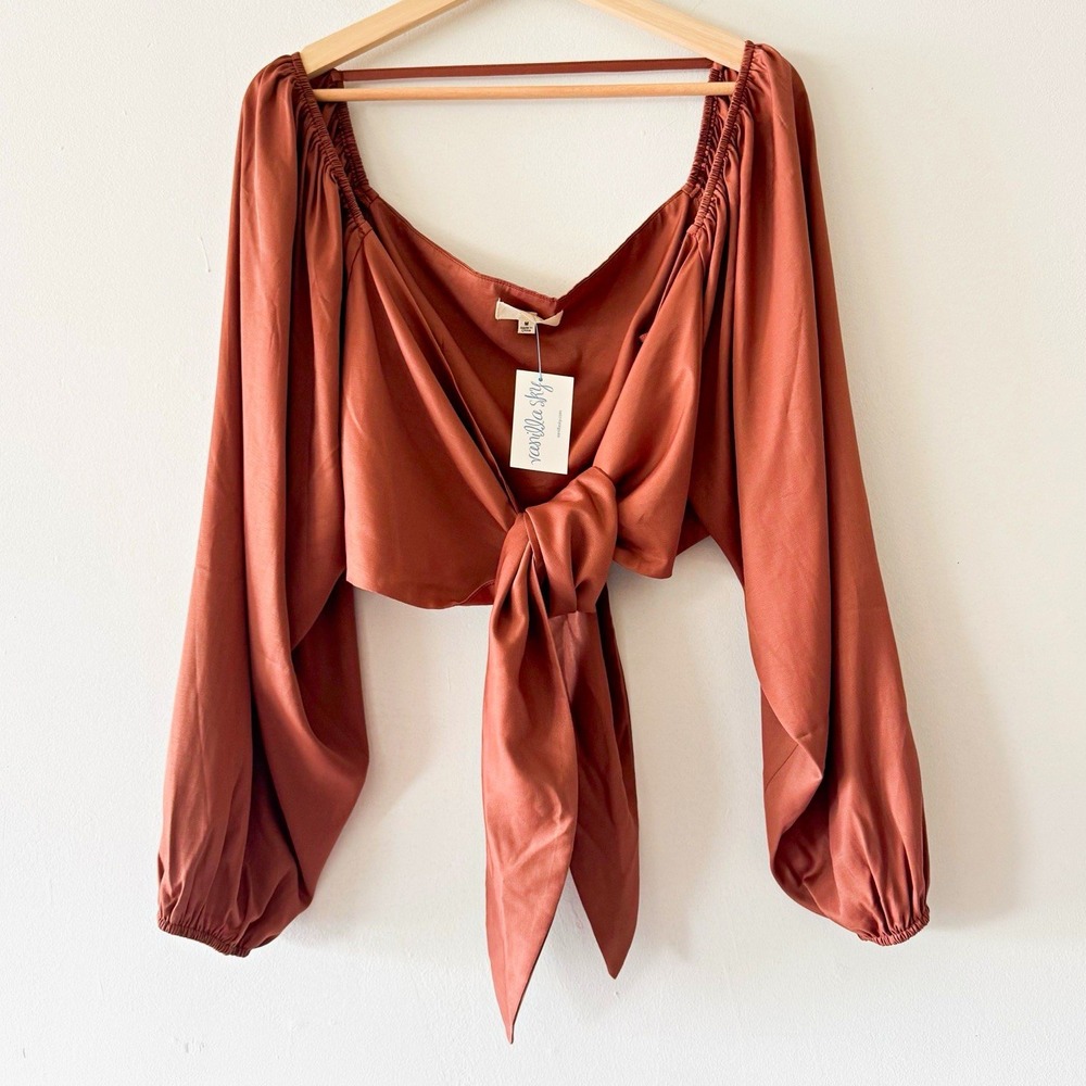 Mable Brown Satin Tie Front Cropped Blouse Cowl Neck Balloon Sleeves M